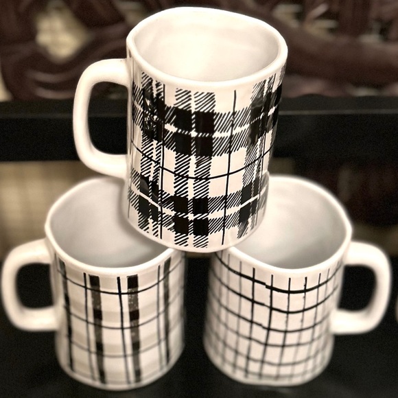 NEW Set of 6 Farmhouse Black & White Plaid Ceramic Coffee Tea Cups Mugs - Picture 7 of 15